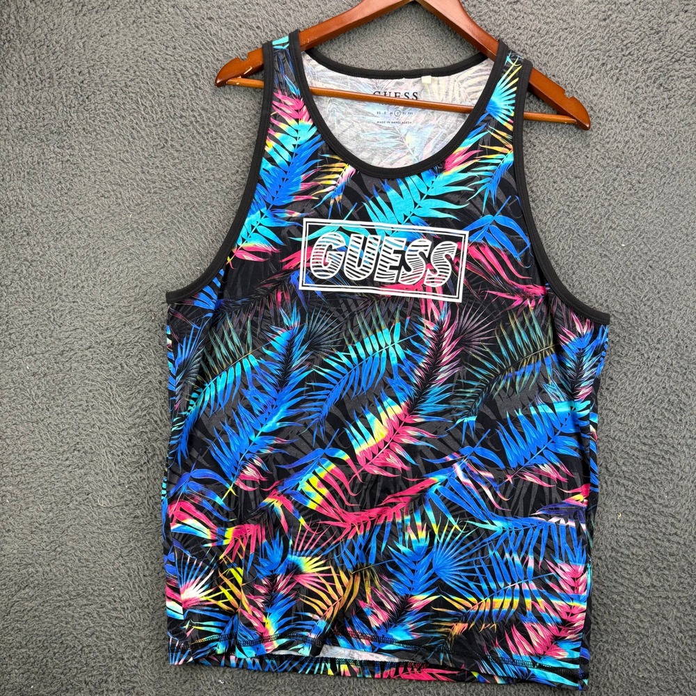 Guess Mens Tropical‎ Palm Leaf Graphic Tank Top Black Blue Pink Neon Large